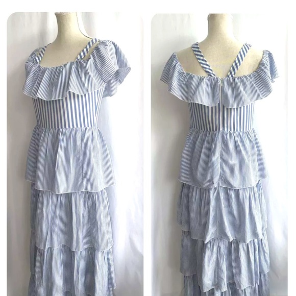 VICTORIAS SECRET Blue & White Maxi Stripe Ruffle Tiered Sundress Size Large - Picture 5 of 10